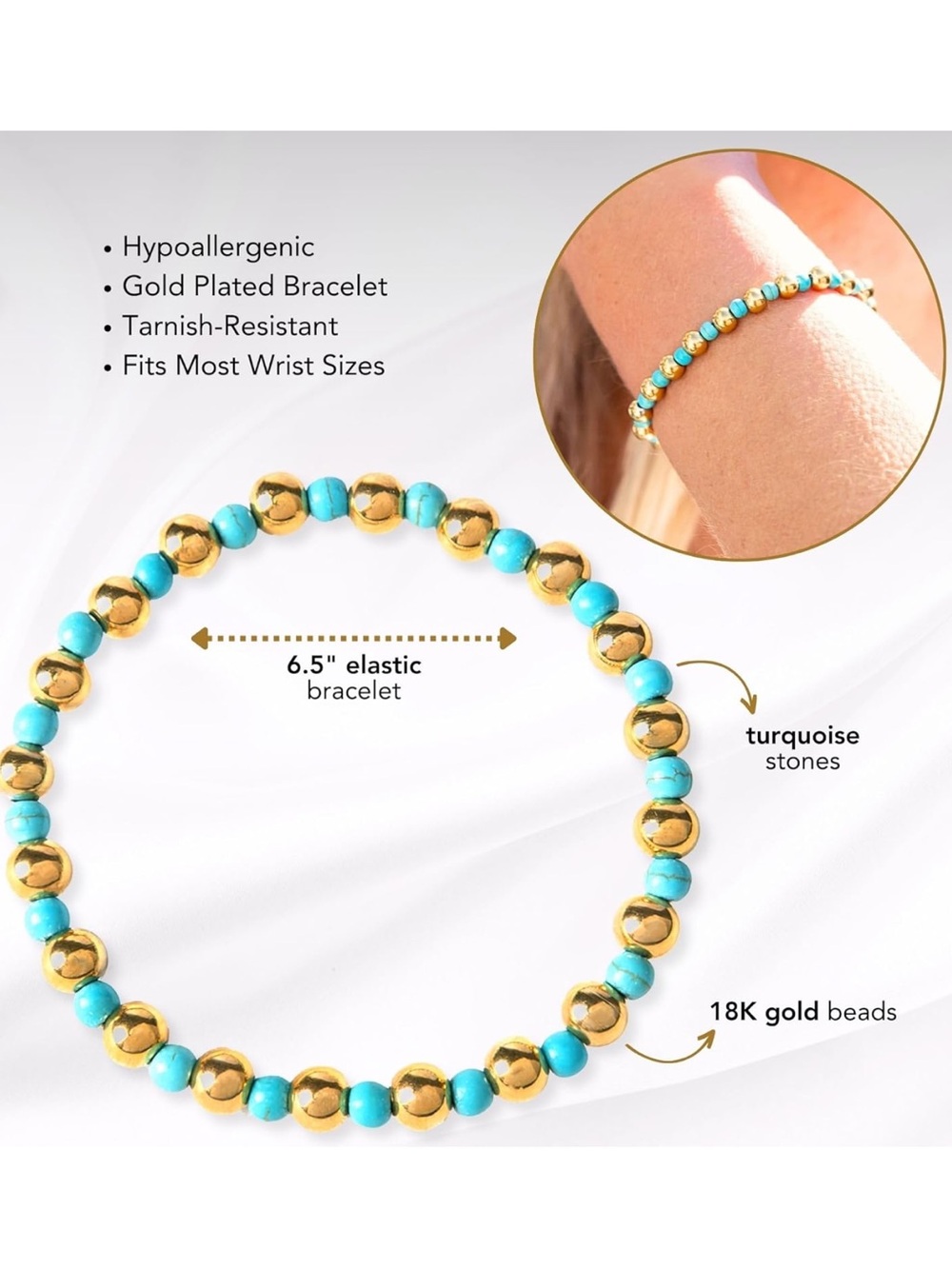 Gold Beaded Bracelets for Women (6.5" Turquoise Gold Plated